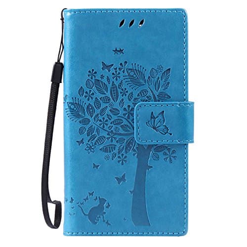 KKEIKO Sony Xperia Z3 Mini Case, Leather Wallet Case Notebook Style Flip Cover [with Free Tempered Glass Screen Protector], Shock-Absorption Cover with Cat Pattern for Sony Xperia Z3 Mini (Blue)