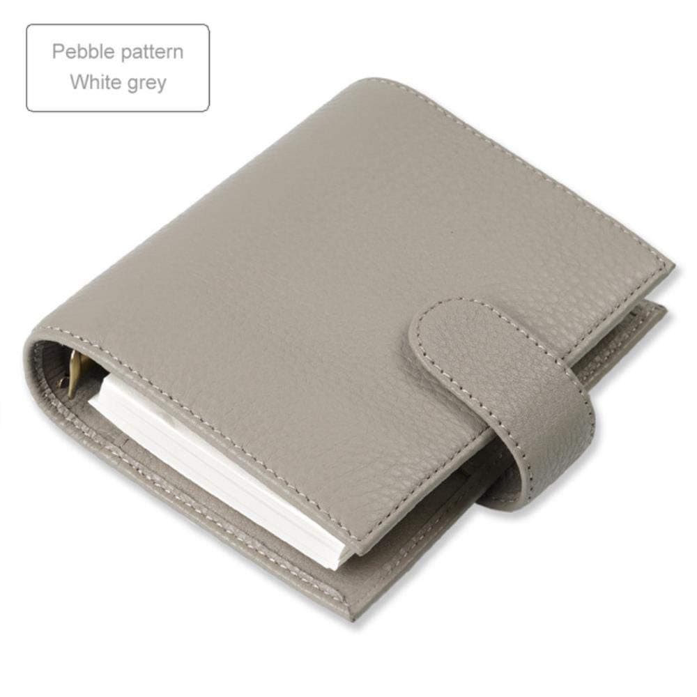 Qingb Genuine Leather Rings Notebook Brass Binder Mini Agenda Organizer Cowhide Diary Journal Sketchbook Planner Big Pocket,Pebble White Grey,A7 Cover 142x115mm