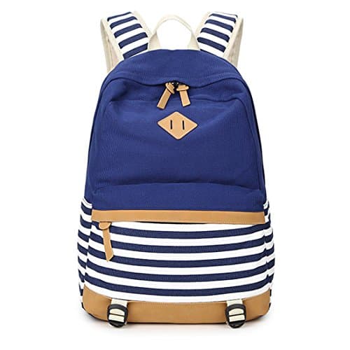 Dunland Adults Backpack Mens School Work Bag Stripe Canvas Large Rucksack DarkBlue