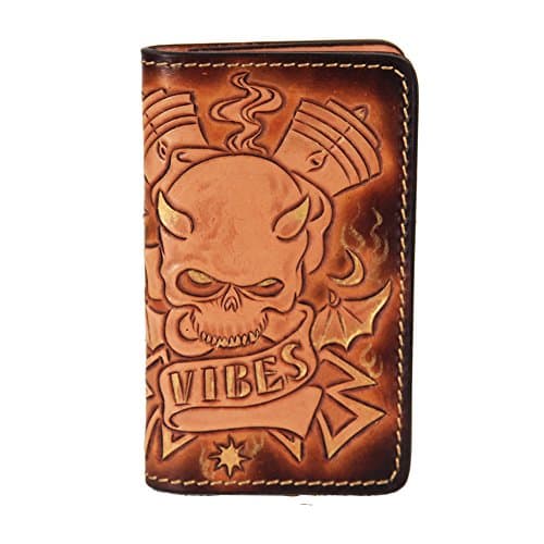 LengRen Senior Handmade Short Wallet Carved with Skeleton Pattern Genuine Italian Full Grain Leather with Vegetable Tanning Technology, Coffee