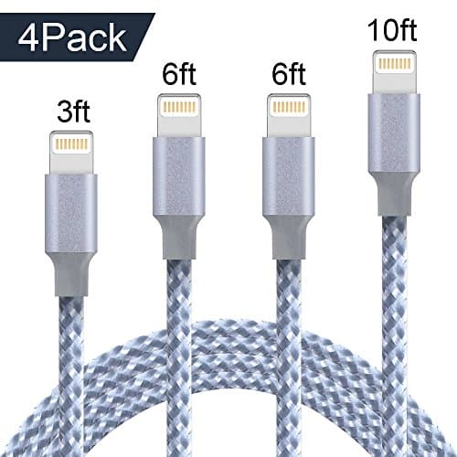 Koharu Lightning Cable,4Pack 3ft 6ft 6ft 10ft Nylon Braided iPhone Cable Cord Certified to USB Charging Charger for iPhone 7/7 Plus/6/6 Plus/6S/6S Plus,SE/5S/5,iPad,iPod Nano 7 (Gray&amp;White)