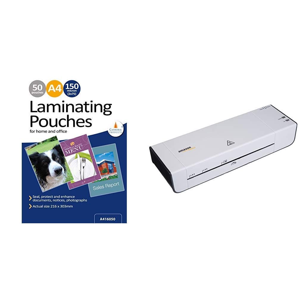 Cathedral Laminating Pouches 150 Micron 50pk A4 & AmazonBasics A4 Thermal Laminator