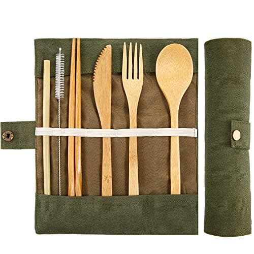 Bamboo Travel Cutlery Set, Eco Friendly Camping Flatware with Straw, Knife Fork Spoon Chopsticks,Organic Bamboo Utensils with Cotton Pouch for Camping, Picnic, Office and School Lunch (Green)