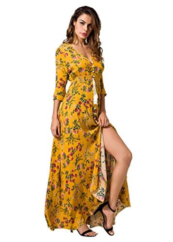 Liamluna Women's Floral Print Button Up Split Party Flowy Maxi Dress Yellow M