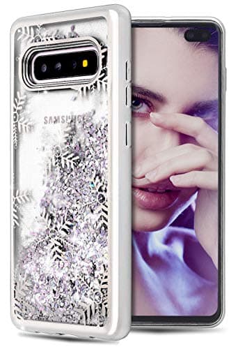 for Galaxy S10 Plus Case,WORLDMOM Flowing Liquid Floating Sparkle Colorful Glitter Quicksand Waterfall TPU Protective Phone Case for Samsung Galaxy S10 Plus [6.4 Inch 2019],Snowflakes/Silver