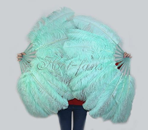 A pair of Mint Green Single Layer Ostrich Feather Fan 24"x 41" with Travel leather Bag