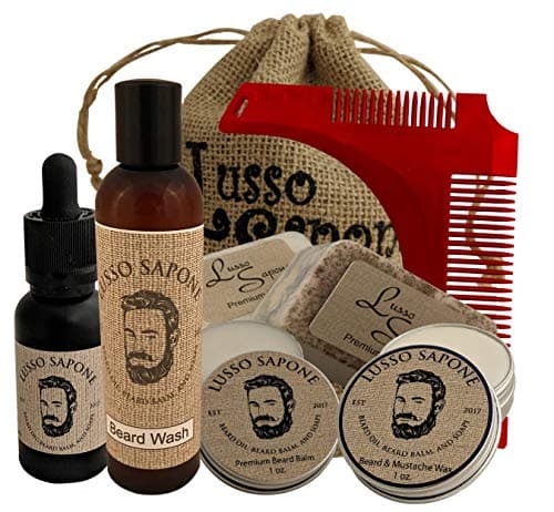 All in One Beard Grooming Kit by Lusso Sapone. Beard Oil, Beard Balm, Beard Wax, Beard Wash Soap, and Beard Shaping Comb. We Use Only the Best 100% Natural Oils.