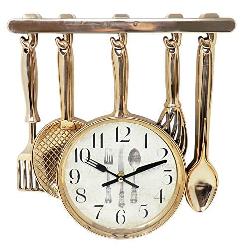 Cucuba® ELEGANT ROUND MODERN WALL CLOCKS WITH KITCHEN UTENSILS FOR KITCHEN OR RESTAURANTS DESIGN SHABBY CHIC COUNTRY 29X30X2CM - GIFT IDEA (Color: Gold)