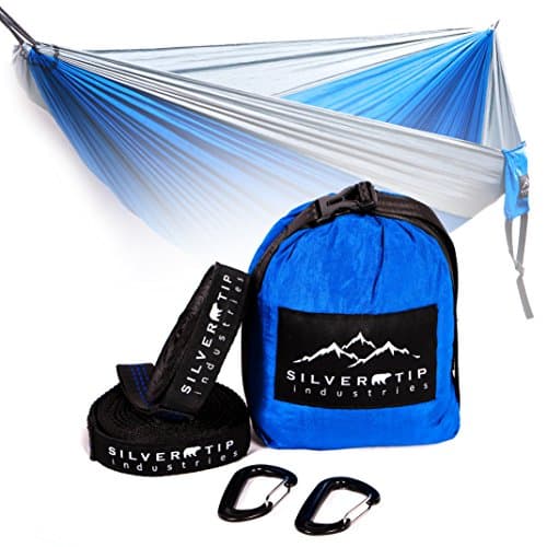 INSANE SALE!!! DOUBLE CAMPING HAMMOCK AND TREE STRAPS COMBO. ULTRA LIGHTWEIGHT PARACHUTE NYLON. 10' LONG x 6' WIDE, 550LB WEIGHT LIMIT.