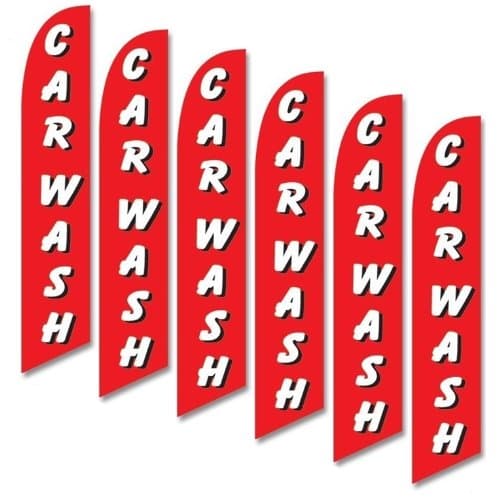 Six (6) Pack Full Sleeve Swooper Flags CAR WASH Red w Big White Black Text