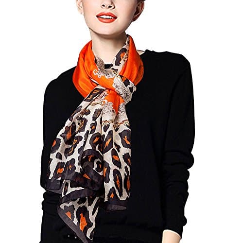 Ecowonder Women's Functional Long 100% Premium Silk Scarf Orange Leopard Printing