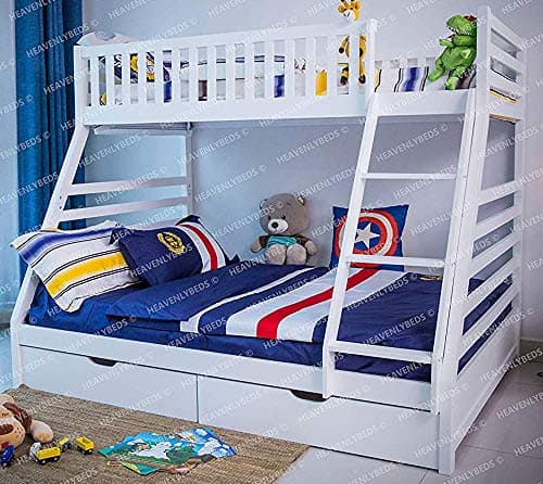 Heavenlybeds @ Wooden Triple Sleeper Bunk Bed Frame Grey or White Wood with Two Drawers 4'6 Double and 3ft Single (White)