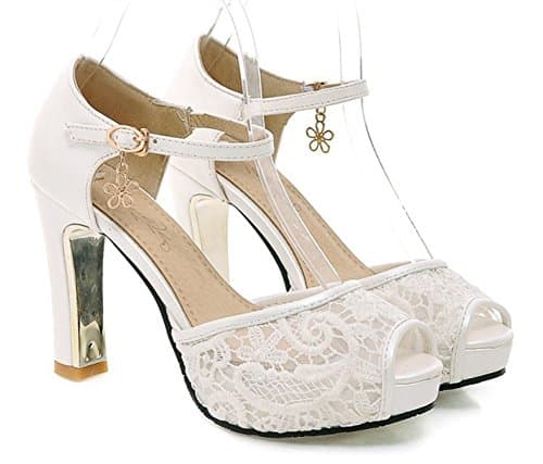 SFNLD Women's Sweet Peep Toe Low Cut Mesh Platform Ankle Strap High Chunky Heel Pumps Shoes with Buckle