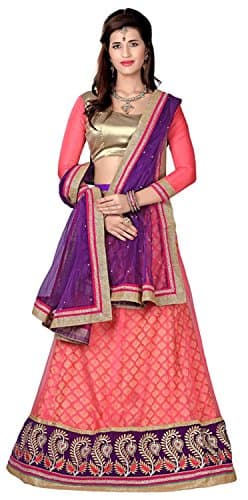 Khushali Presents Embroidered Net Lehenga Choli(Peach,Beige)