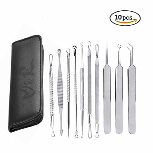 Blackhead Remover Kit Pimple Comedone Extractor Acne Removal Kit Whitehead Popping Zit Removing for Risk Nose Face Skin (Tools Kit 10 Pcs) By Vbeauty