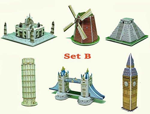 Mini 3D Puzzles Architecture Set of 6 Style Easy for Baby 3 Years Set B: Taj Mahal, Zaanes Schens, Elizabeth Tower (Big Ben), Leaning Tower of Pisa, Mayan Pyramid and Tower Bridge