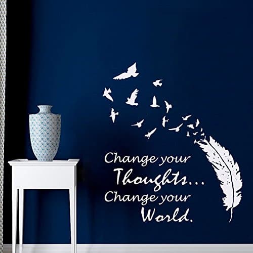 Change Your Thoughts Change Your World Buddha Wall Decal Quote Birds Feather Home Vinyl Art Sticker (White,s)