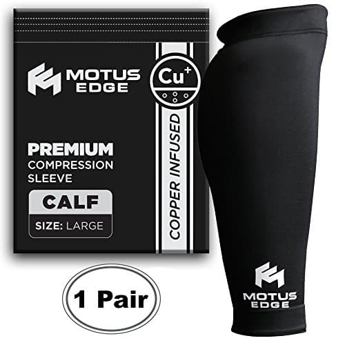 Motus Edge Copper Infused Calf Compression Sleeve for Shin Splints, Leg Cramps, CrossFit, Pain Relief (2-pack - Large)