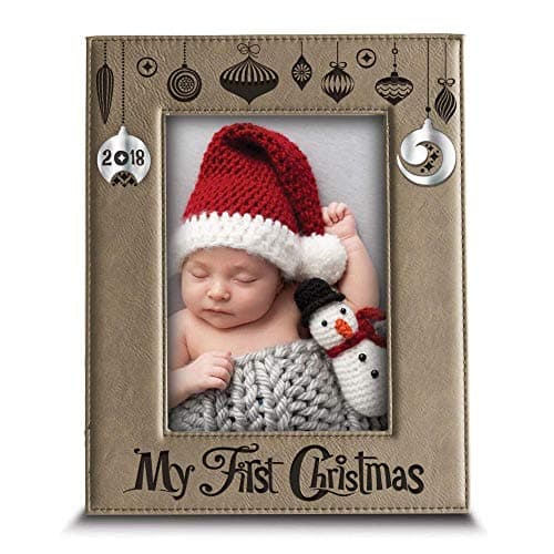 BELLA BUSTA -Special Edition-My First Christmas 2019 -My 1st Christmas-Engraved Leather Picture Frame with Special Edition Mirror Acrylic Piece Integrated (5 x 7 Vertical)