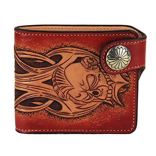 LengRen Senior Handmade Short Folding Wallet Carved with Skeleton Pattern Genuine Italian Full Grain Leather with Vegetable Tanning Technology Personal Design of Snap-fastener, Coffee