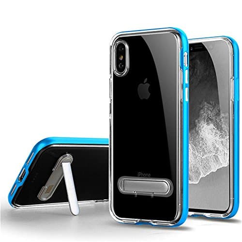 OWIKAR iPhone X Case, Crystal Clear Hard Ultra Slim Fit Anti Scratch Bumper with Magnetic Metal Kickstand Protective Case Cover for Apple iPhone X (Blue)