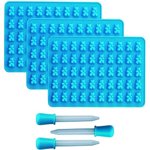 Silicone Gummy Bear Candy Mold-50 Cavity 3 Pack Non-Stick Trays with Bonus Dropper, FDA Approved Suitable for Candy, Chocolate, Jelly, Ice Cream (Blue)