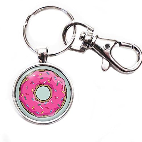 Donut with Pink Icing - Silver Keychain with Glass Image, Large Lobster Claw