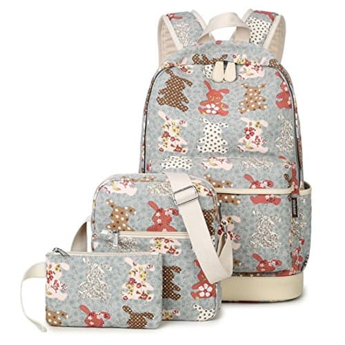 Debbieicy Cute Canvas 3ps Backpack Shoulder Bag Clutch Bag School bags Set for Teens Color Rabbit-Grey