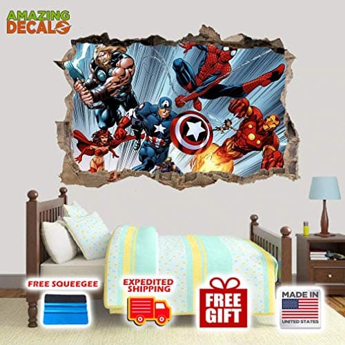 AMAZING DECALZ Marvel Super Heroes Comics Graphic Broken Wall 3D Sticker Decal Removable Mural Decor Art Wallpaper Baby Kids Children Nursery Living Room Peel & Stick Vinyl (S (Height 11"x 17" Wide))