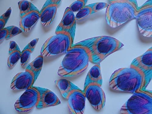 12 Peacock Feather Butterfly Small Medium &amp; Large Set of Edible Butterflies - Cake and Cupcake Toppers, Decorations for Weddings Birthdays Anniversary