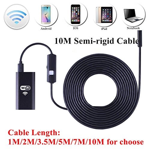 8.0mm WiFi Endoscope Inspection with 10M Semi-Rigid Cable iOS Android Wireless Borescope Snake Camera with 2.0 Megapixel Pixels USB Waterproof HD 6LED for iPhone 7/7Plus/6/6s,iPad,Samsung