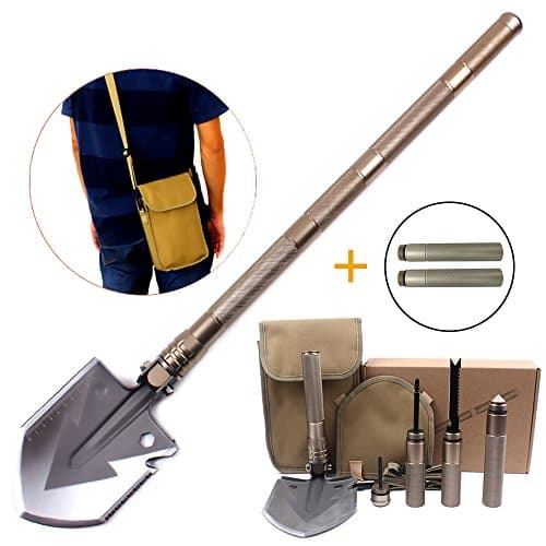 ASDEER Military Folding Shovel kit, Multi Portable Tools Tactical Steel Spade with Knife Compass Bottle Opener Ax, for Camping Hiking Traveling with 2 Piece Extension Tube (39.76 inch) /Carrying Pouch