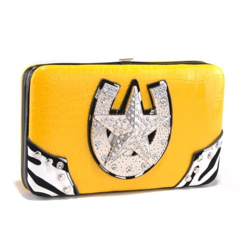 Western Frame Wallet with Star Horseshoe Accent and Zebra Print Trim - Yellow