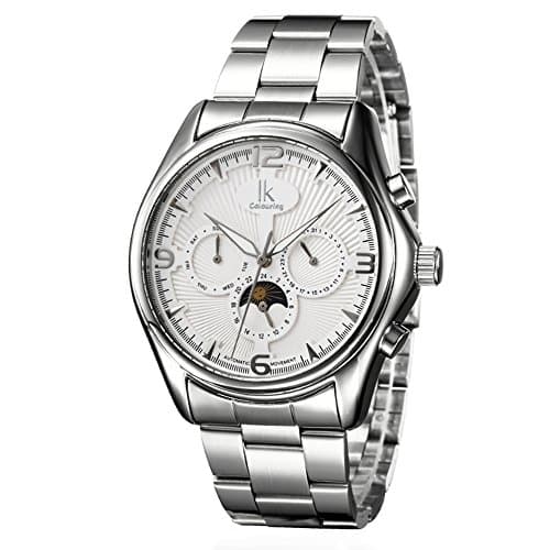 GuTe 3D Elegant Silver White Man's Automatic Mechanical Wrist Watch Steel Moon-phase