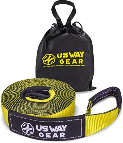 USWAY GEAR 3" x 30' Tow Strap - 30.000 LBS (15 US TON) Rated Capacity Heavy Duty Vehicle Tow Strap with Reinforced Loops + Protective Sleeves + Storage Bag | Emergency Towing Rope for Recovery