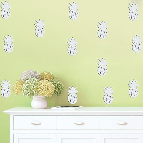 FLY SPRAY 12pcs Pineapple Shape Mirrors Reflective Wall Stickers Modern Acrylic Removable Self Adhesive 3D Fruit Decal Mural For Home Decor Nursery Decoration Silver