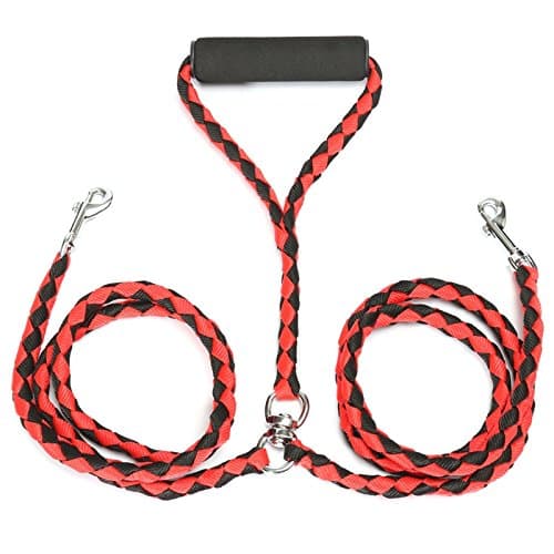 Double Dog Lead for 2 Dogs. Tangle free leash with Comfortable Foam Handle. (Black Red)