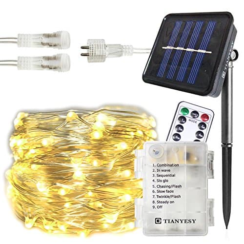 TIANYESY Solar / Battery Powered 100LED Christmas String Lights, Copper Wire Lights (Waterproof, 8 Modes, Warm White, 33 ft)With Remote Control, Outdoor Rope Lights, Fairy Lights, String Lamps