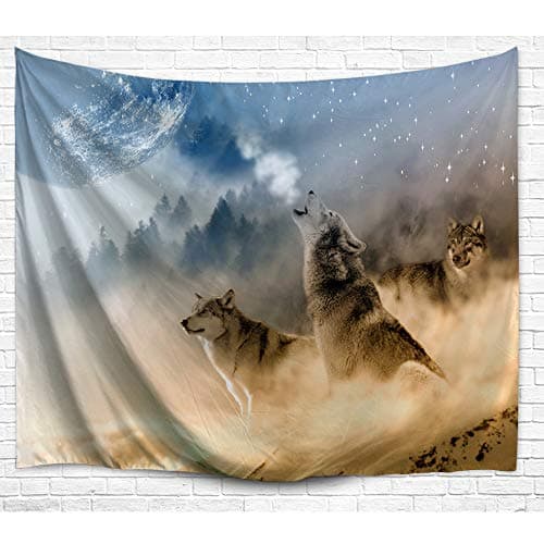 Howling Wolf Wall Tapestry, Three Musketeers Wolves in Desert Sandy Land Howling to Moon Wall Hanging Art Decors Tapestry for Bedroom Living Room