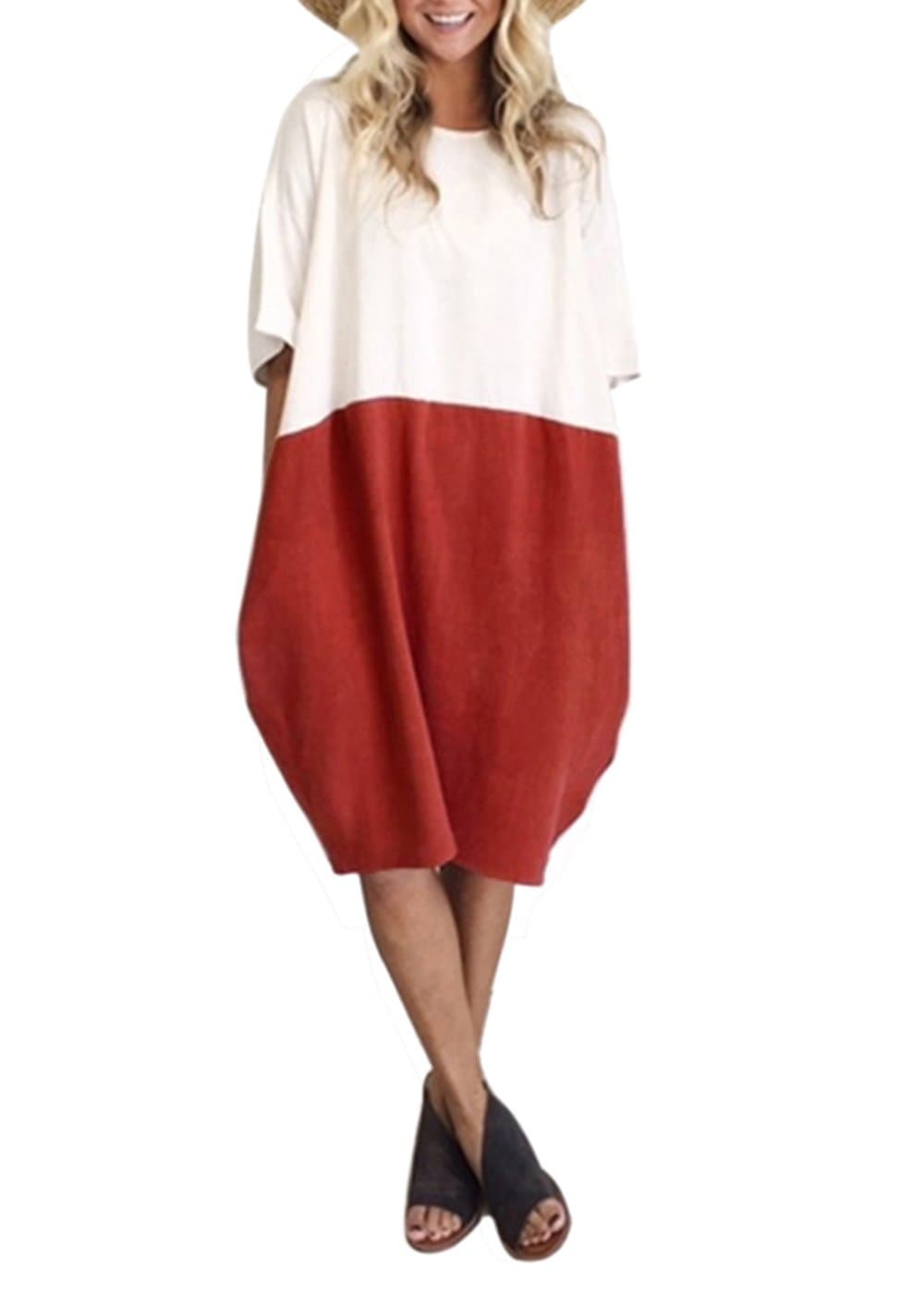 Yissang Women's Loose Patchwork Half Sleeve Casual Long T Shirt Dress with Pockets Brown Medium