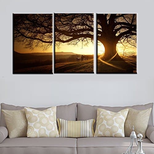 HERONEAR 3 Panels Sunset Tree Wall Art Picture on Canvas with Stretched Over Wood Frames Ready to Hang for Living Room (16X24INCHX3)