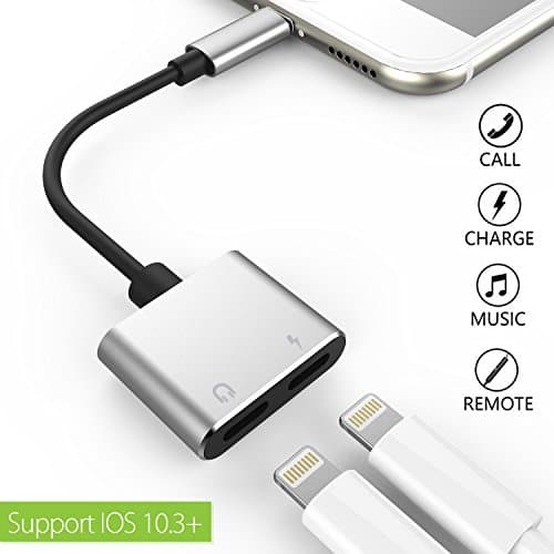 Splitter for iPhone 7 / 7 Plus,Audio + Charge Lightning Adapter Splitter for iPhone 7 and iPhone 7 Plus,Calling Function and Music Control,Suport IOS 10.3 and IOS 11(Silver metal)