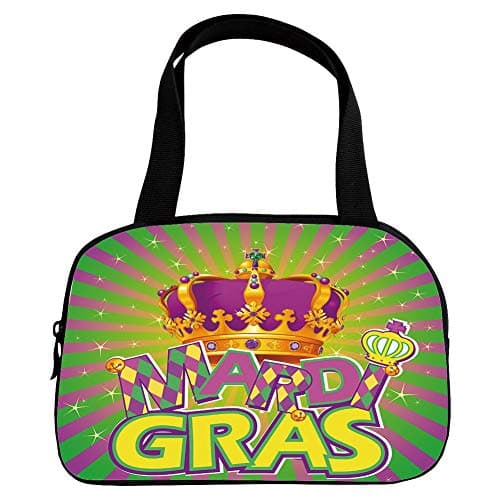 Personalized Customization Small Handbag Pink,Mardi Gras,Antique Crown on Vintage Radial Backdrop Lettering with Checkered Pattern Decorative,Purple Gold Green,for Girls,Personalized Design.6.3"x9.4"x