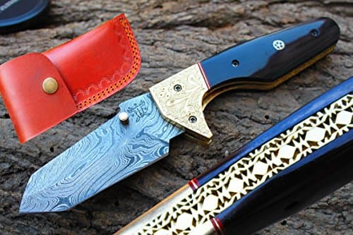 3.5"Damascus Blade Custom Folding Knife w/Liner Lock, Custom FileWork, Engraved Brass Bolsters,Buffalo Horn & Custom Sheath UDK-usaS2-217