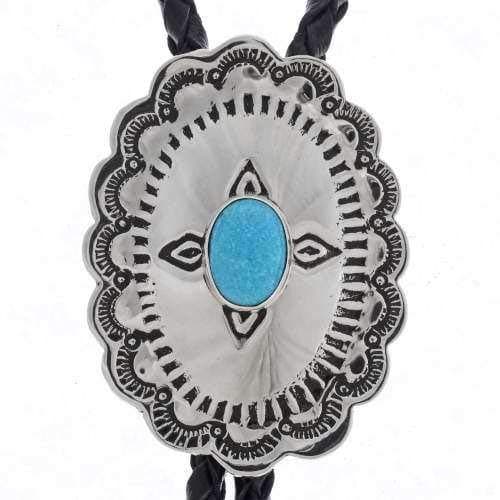 Silver Turquoise Concho Bolo Tie Navajo Hammered Pattern 0004