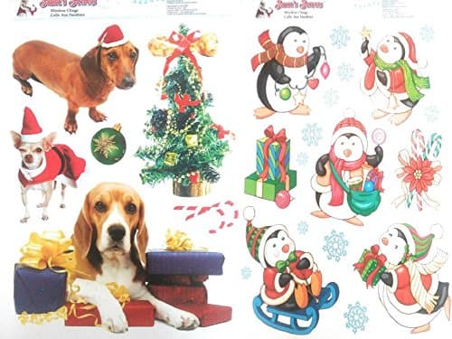 2 CHRISTMAS Dog &amp; Penguin Glitter Window Clings Bundle Large Visible from Both Sides Reusable Great Value