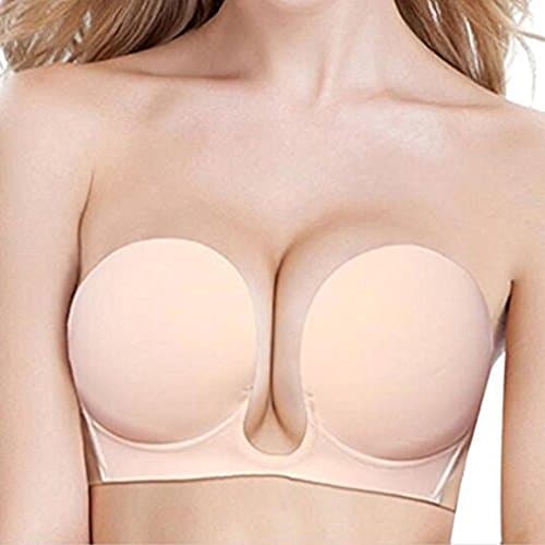 RuoShui U Plunge Adhesive Bra Strapless Backless Sticky Silicone Bra for Women, Nude, C