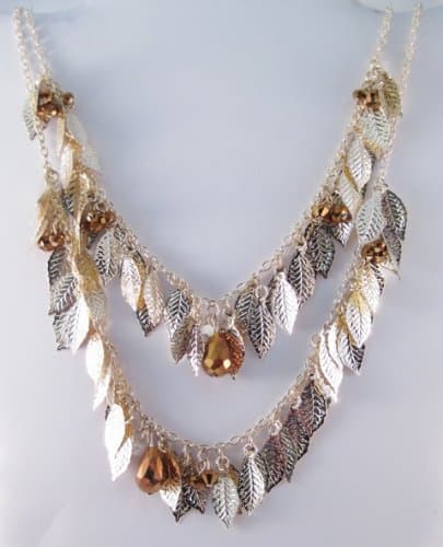 Gorgeous 2 Stranded Gold Tone Necklace with Leaf Drops