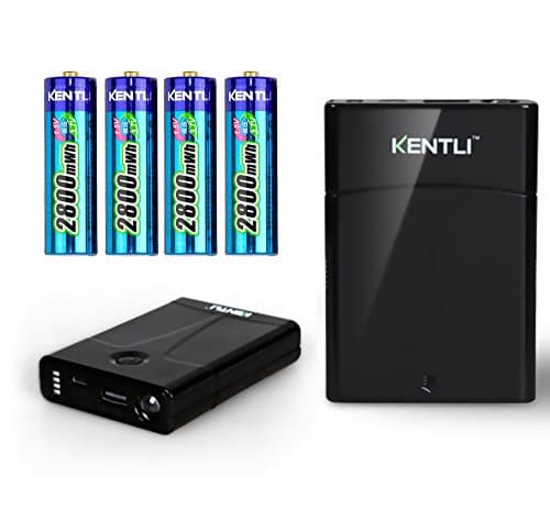KENTLI 4 slots AA li-ion battery charger USB power source power bank Case box with LED flashlight and 4 AA 2800mwh rechargerable batteries for iPhone 6 plus Samsung Blackberry MP3 (Black)