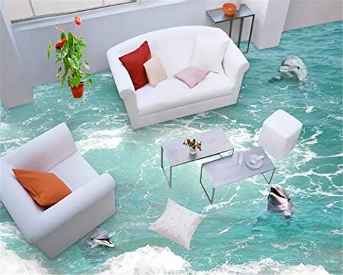 Wapel Mural Custom Size Self-Adhesive PVC Wallpaper Custom Dolphins in The Surf 3D Floor Photo Wallpaper Waterproof Self-Adhesive 3D Mural Decorative Bathroom Floor 350x245cm